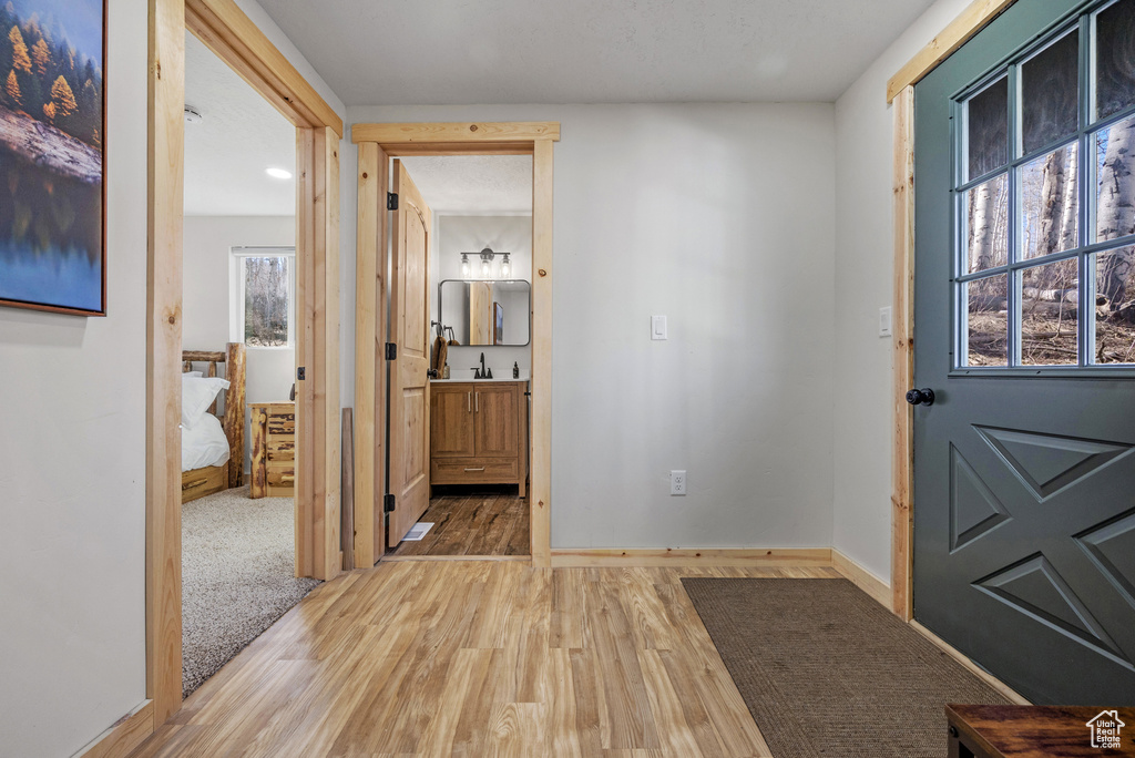 Doorway to outside with light wood-type flooring, plenty of natural light, and baseboards