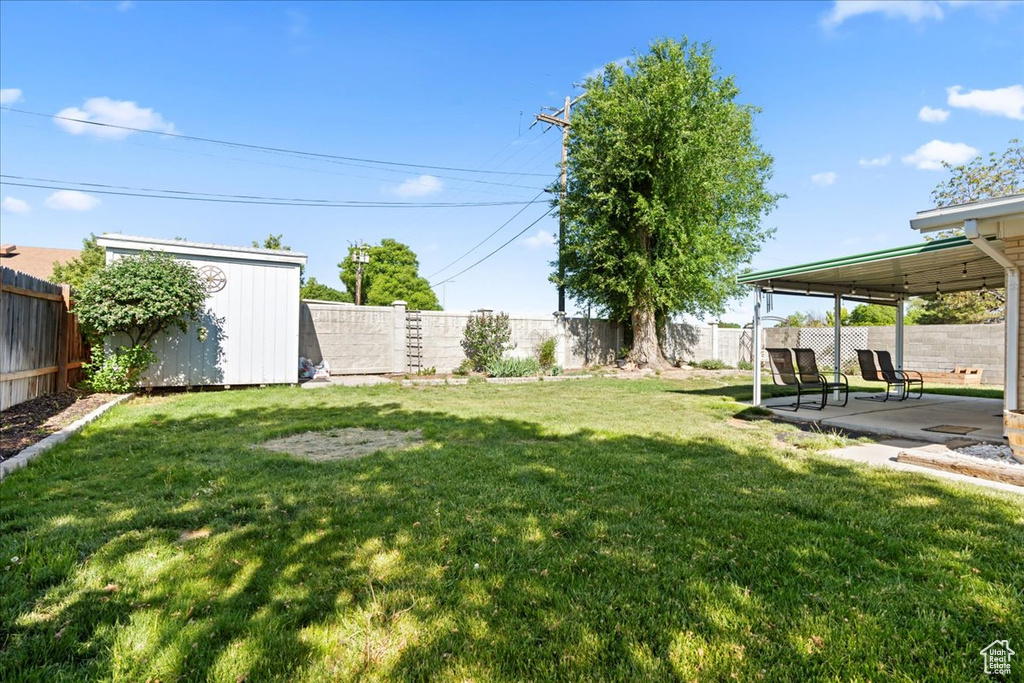 View of yard with a storage shed, a patio, and an outdoor structure