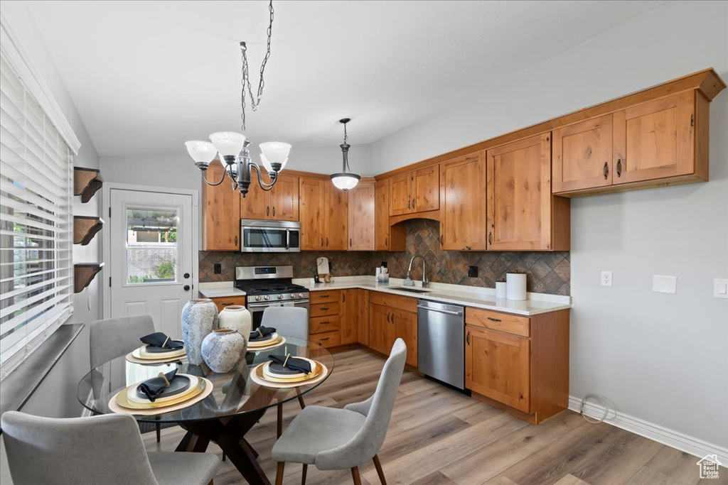 Kitchen featuring appliances with stainless steel finishes, a sink, decorative backsplash, light countertops, and light wood finished floors