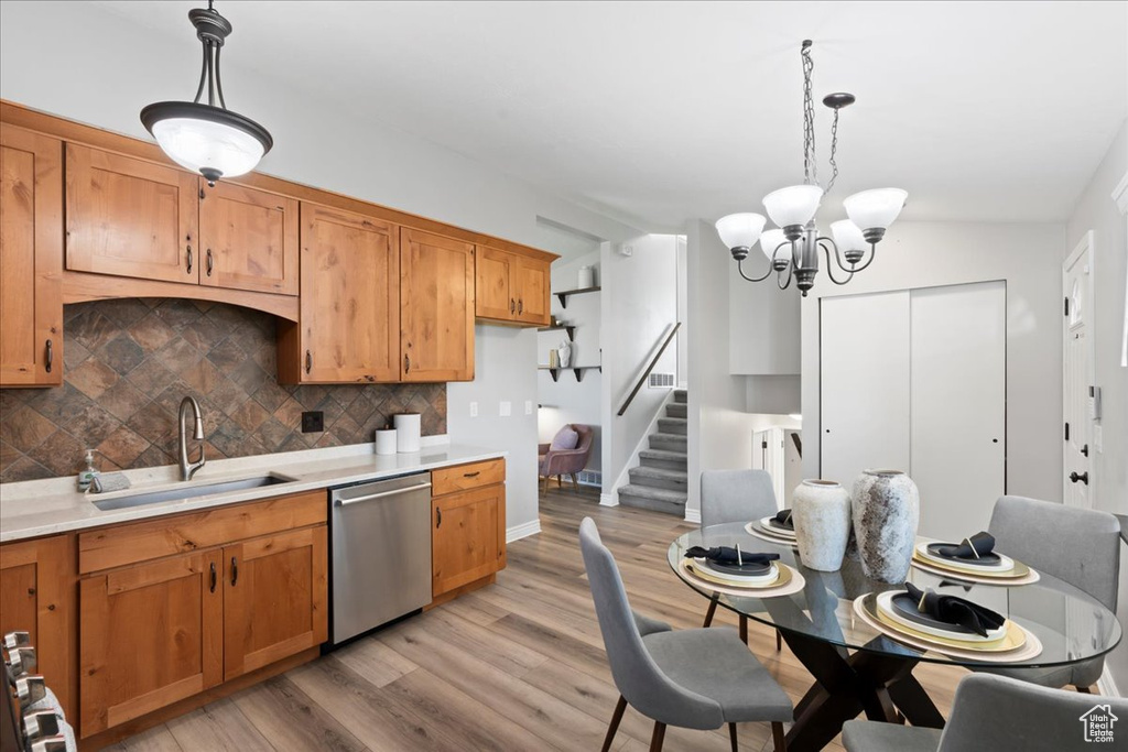 Kitchen with a sink, stainless steel dishwasher, backsplash, light countertops, and a chandelier