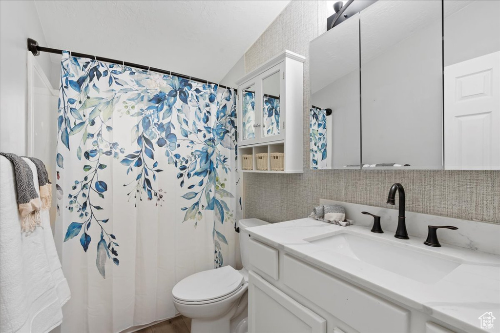 Bathroom with toilet, vanity, decorative backsplash, curtained shower, and lofted ceiling