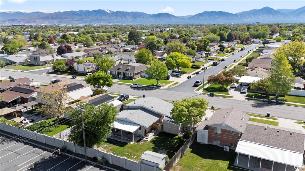 Aerial view of residential area with mountains