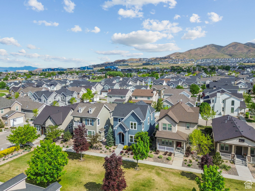 Aerial view of residential area with mountains