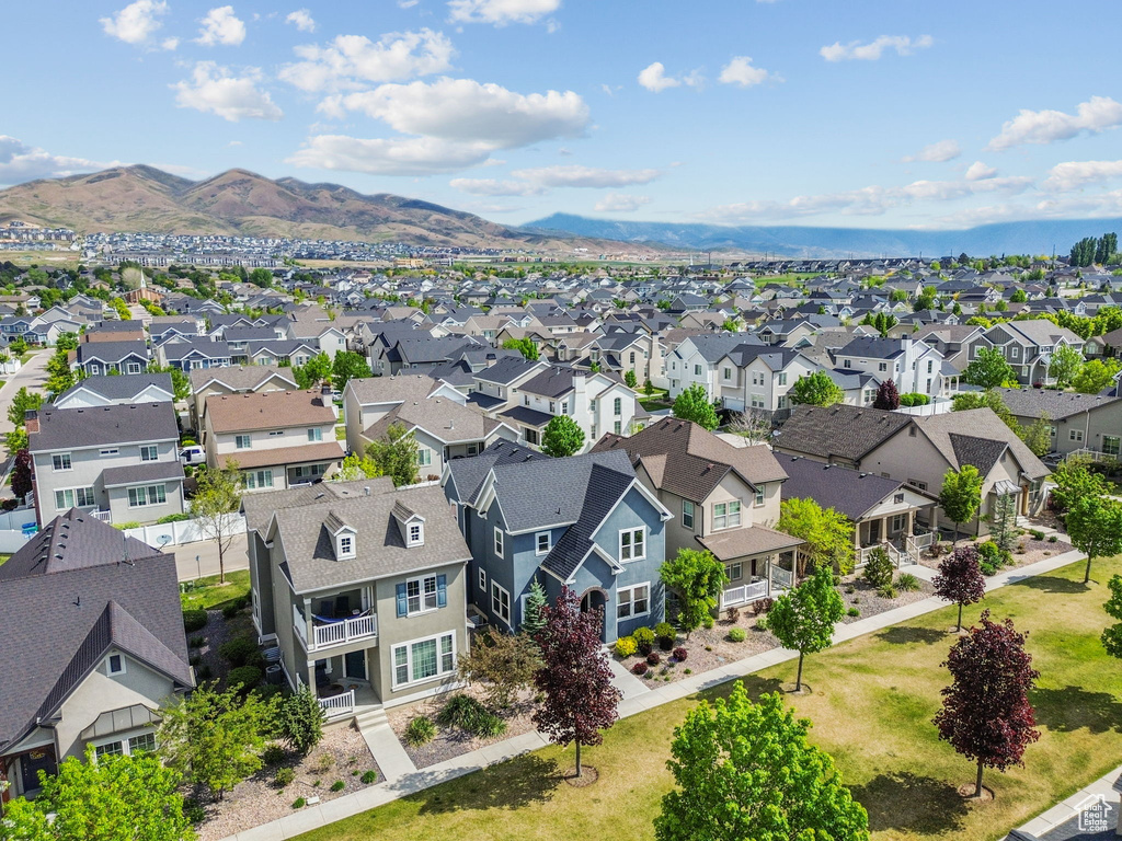 Aerial perspective of suburban area with mountains