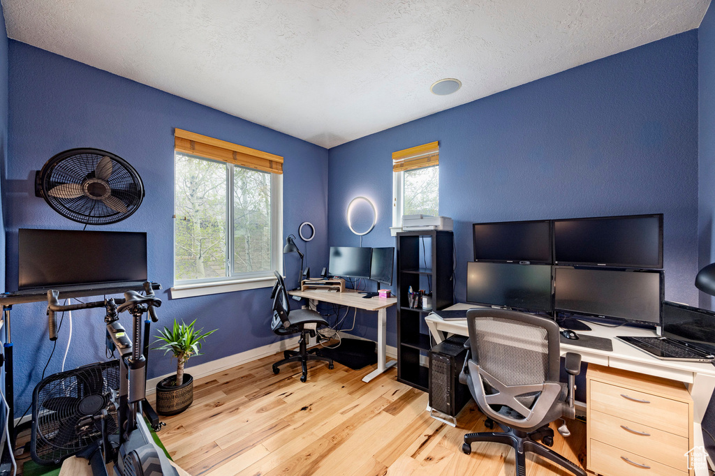 Home office featuring wood finished floors and baseboards