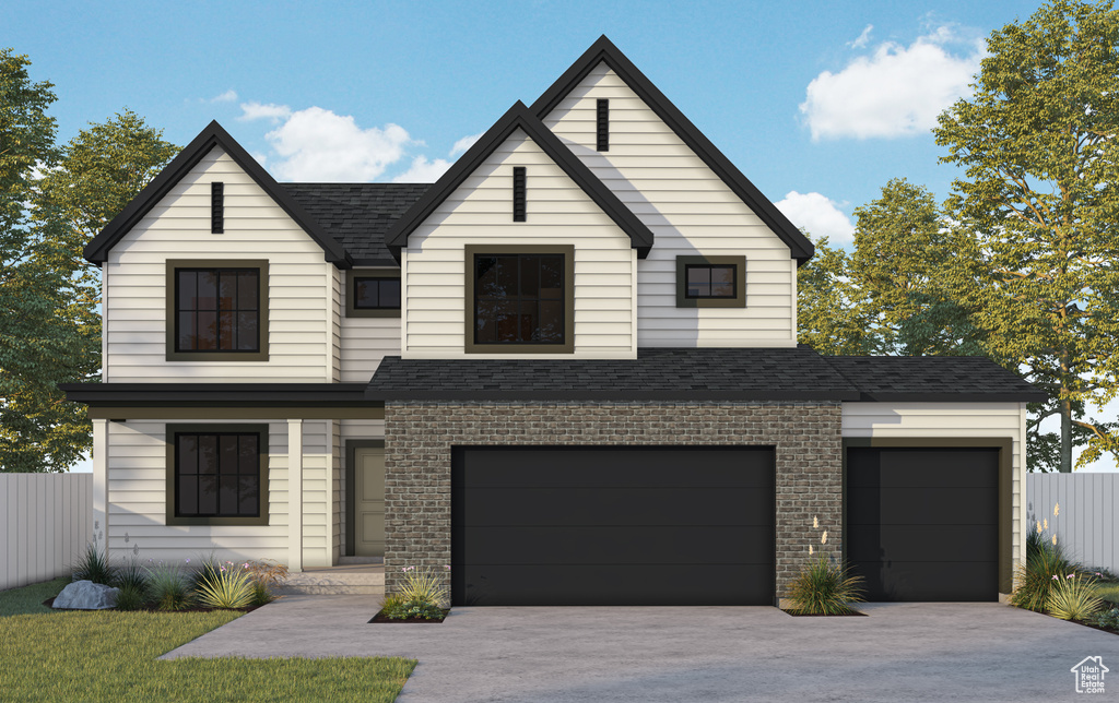 View of front of property featuring fence, brick siding, driveway, and a shingled roof