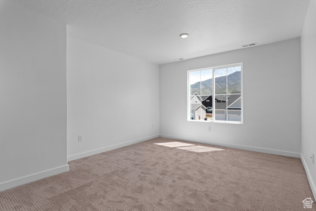 Carpeted empty room featuring baseboards and a textured ceiling