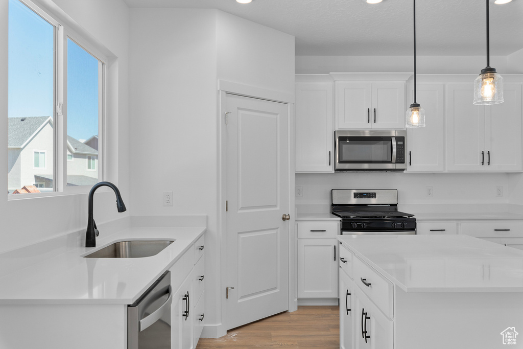 Kitchen with stainless steel appliances, a sink, healthy amount of natural light, light wood finished floors, and recessed lighting