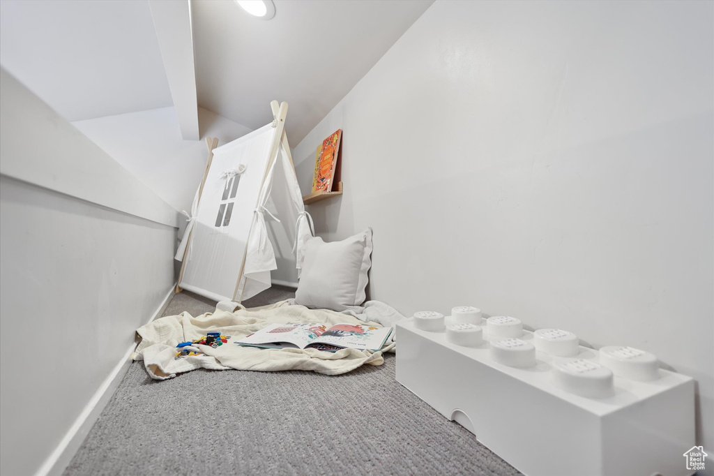 Walk in closet featuring lofted ceiling and carpet floors