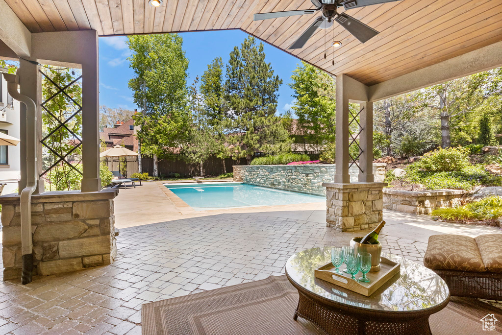 View of pool featuring a ceiling fan, a patio area, a fenced backyard, and a diving board