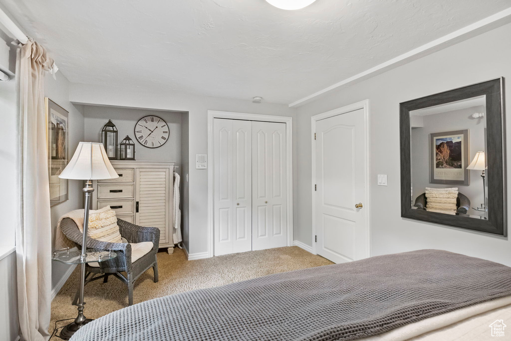 Carpeted bedroom with a closet and baseboards