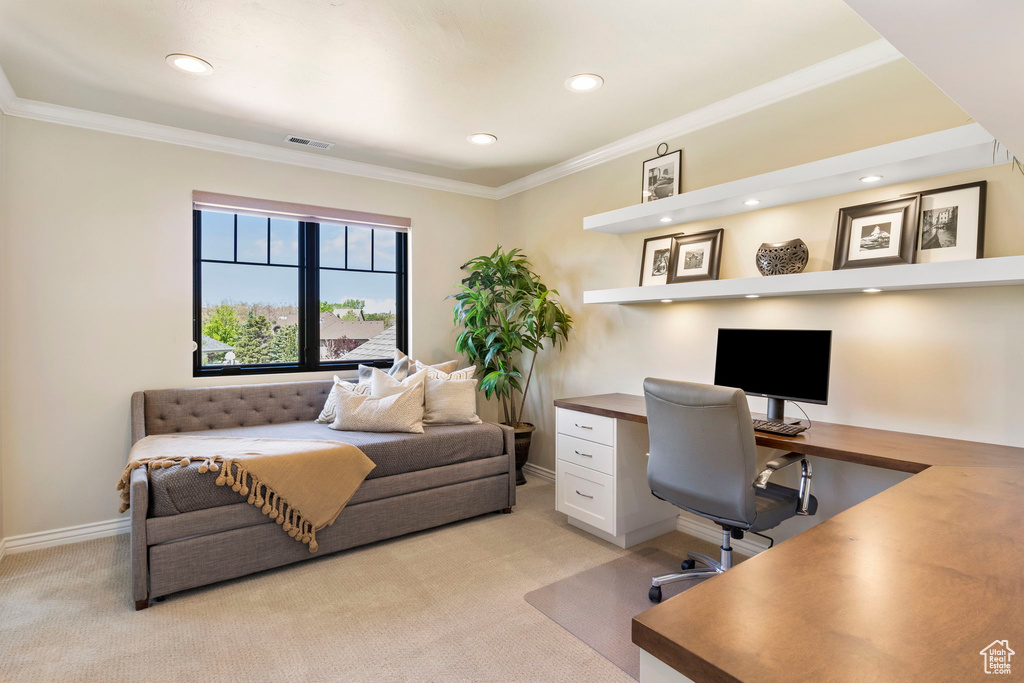 Office area with light colored carpet, recessed lighting, baseboards, and crown molding