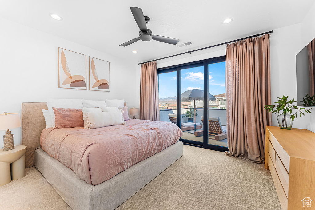 Bedroom featuring access to outside, recessed lighting, light carpet, and ceiling fan