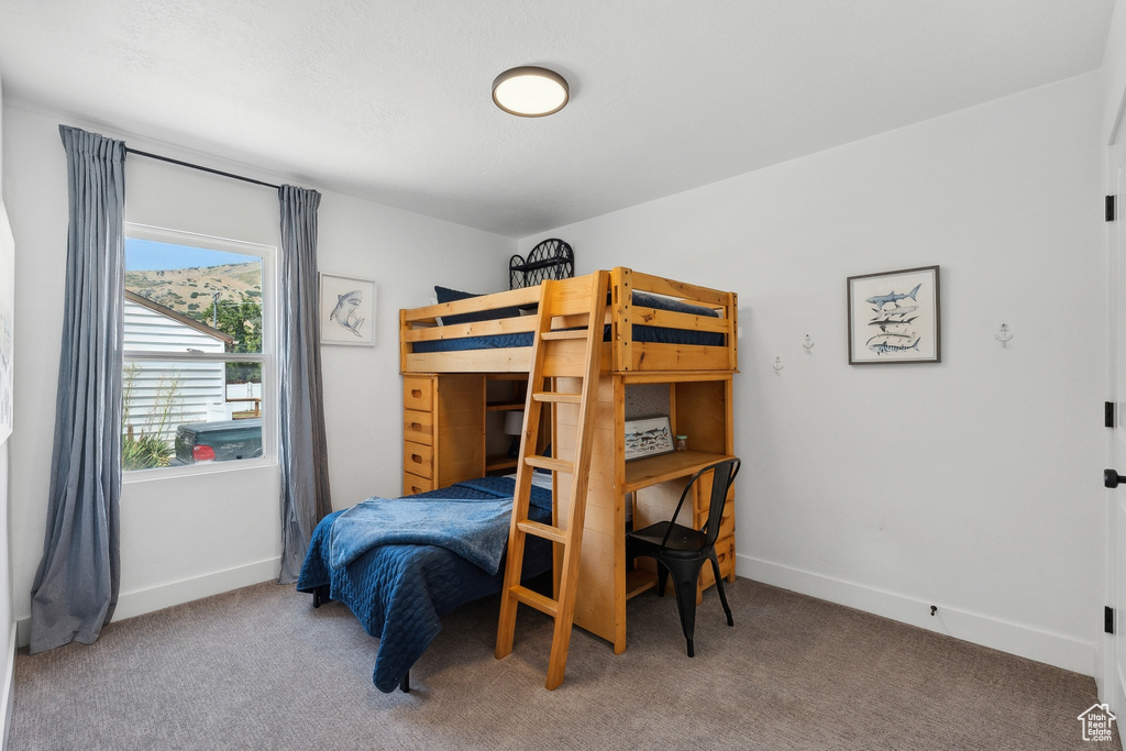 Carpeted bedroom featuring baseboards