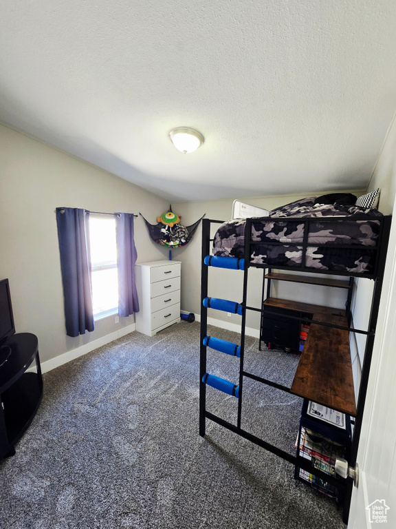 Bedroom featuring baseboards, carpet flooring, lofted ceiling, and a textured ceiling