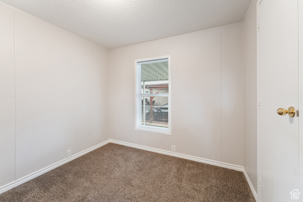 Unfurnished room featuring baseboards, carpet flooring, and a textured ceiling
