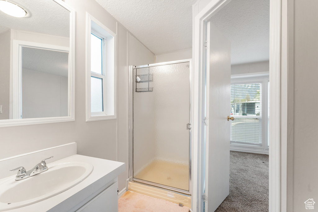 Bathroom with a shower stall, a textured ceiling, and vanity