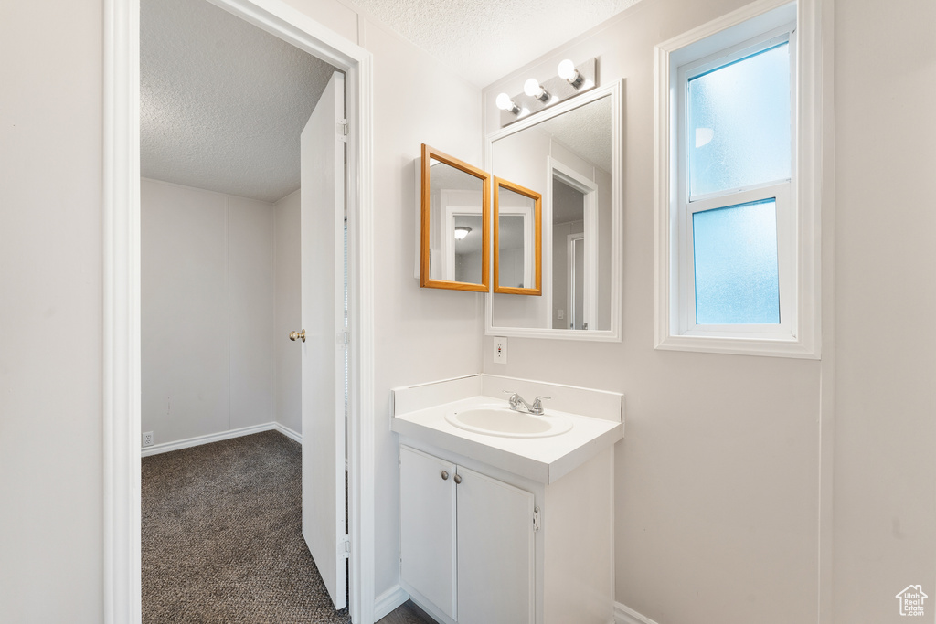 Bathroom featuring baseboards, vanity, and a textured ceiling