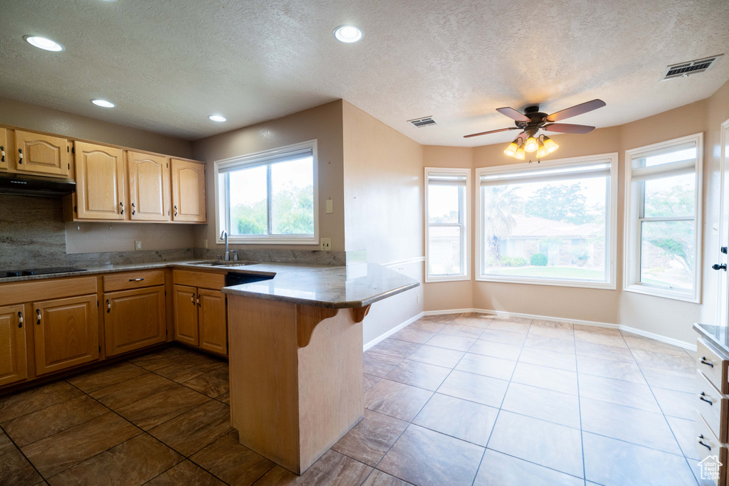Kitchen featuring a sink, a peninsula, a textured ceiling, under cabinet range hood, and recessed lighting