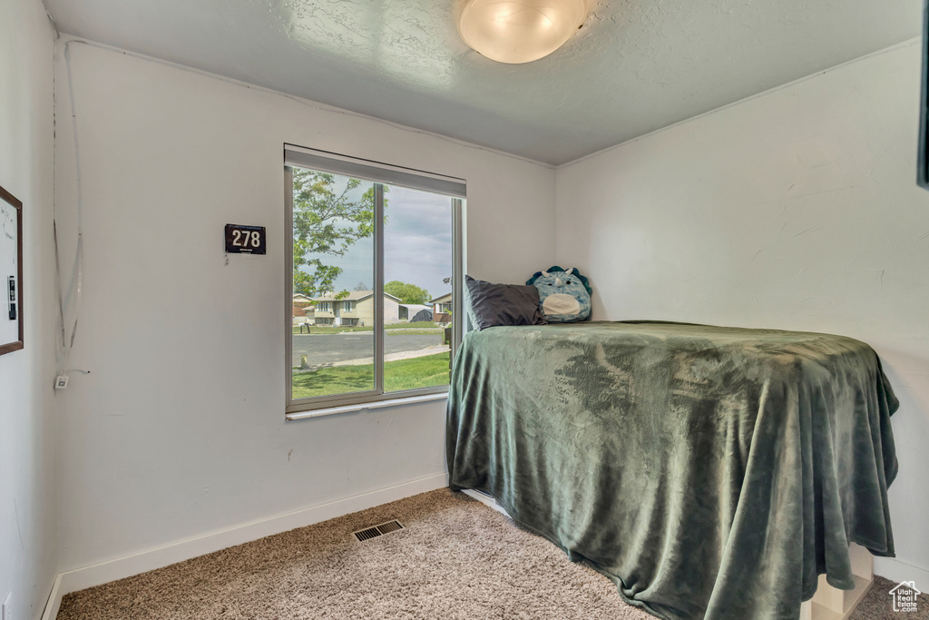 Carpeted bedroom featuring baseboards and a textured ceiling