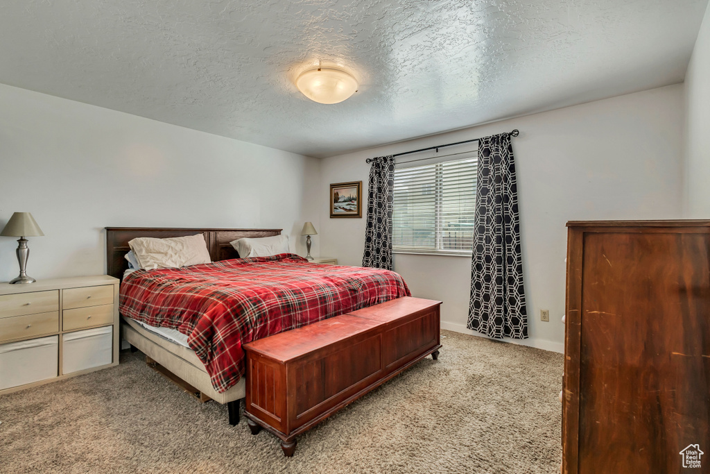 Bedroom with light colored carpet and a textured ceiling