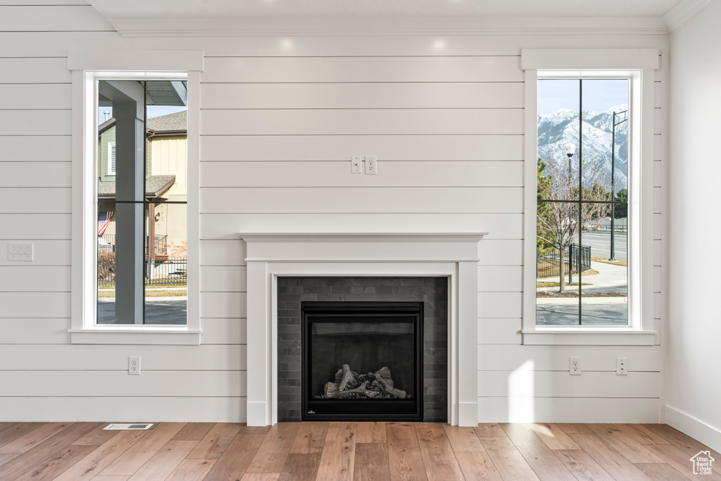 Detailed view of ornamental molding, a glass covered fireplace, wood finished floors, a mountain view, and baseboards