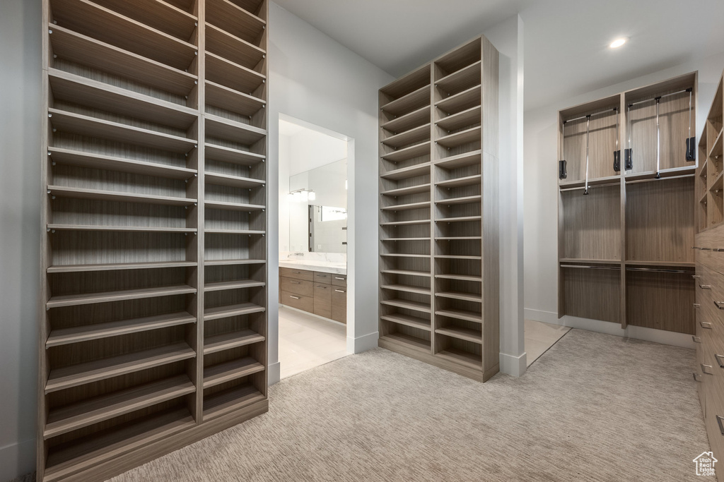 Walk in closet with light colored carpet