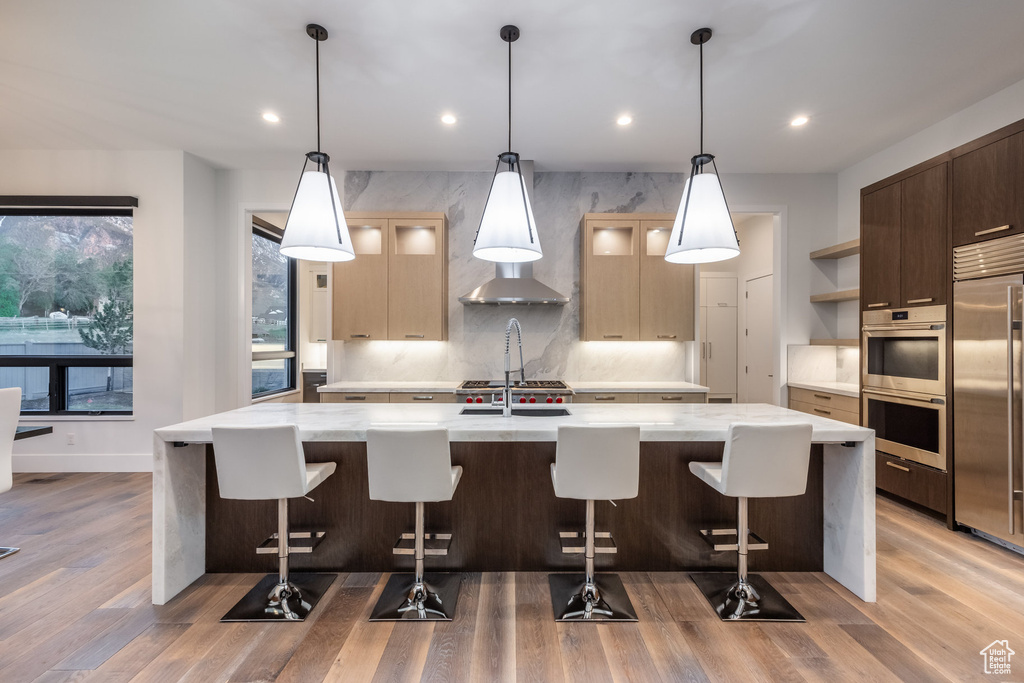 Kitchen with appliances with stainless steel finishes, open shelves, a large island, recessed lighting, and light wood finished floors
