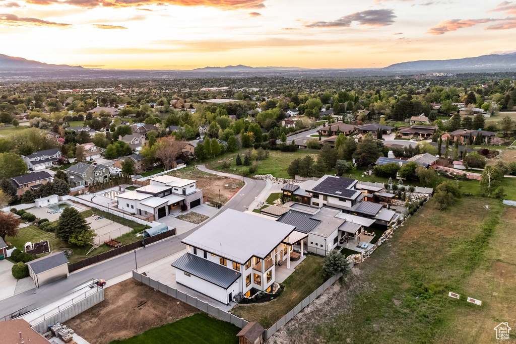 Aerial perspective of suburban area with mountains