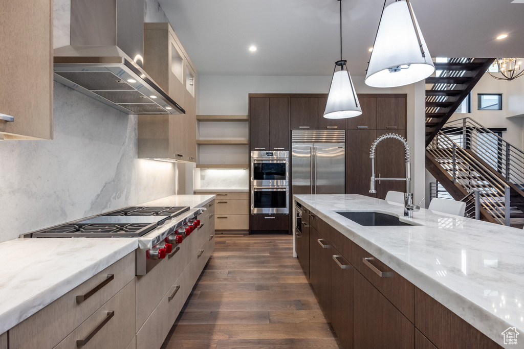 Kitchen featuring wall chimney exhaust hood, appliances with stainless steel finishes, a sink, dark wood-style floors, and open shelves