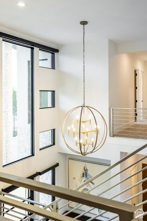 Detailed view of a chandelier and recessed lighting