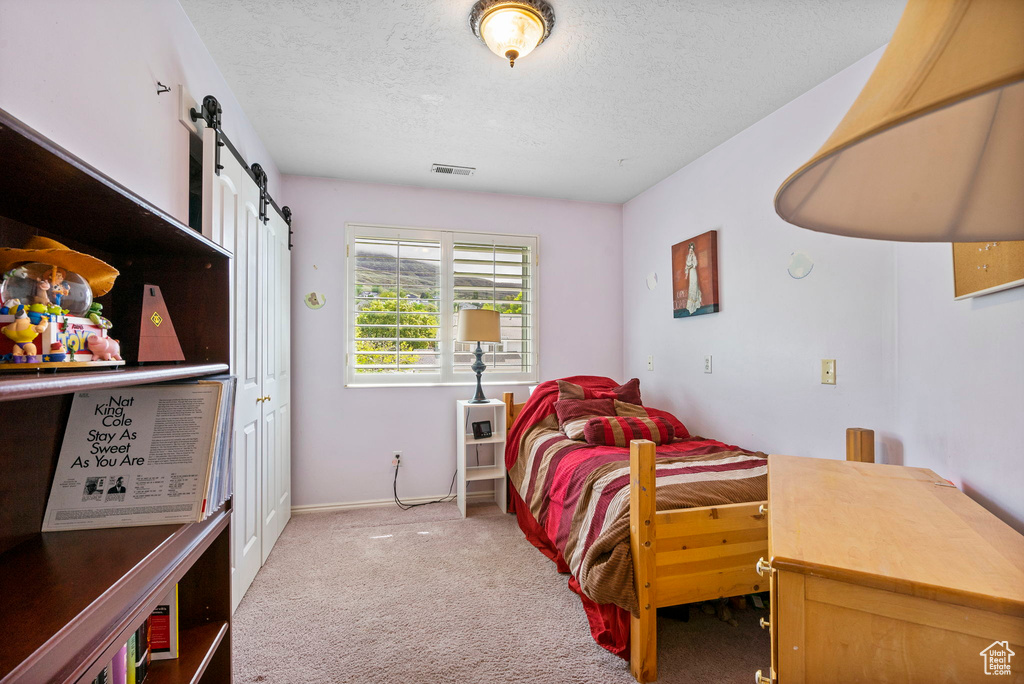 Carpeted bedroom with a textured ceiling, a barn door, and baseboards