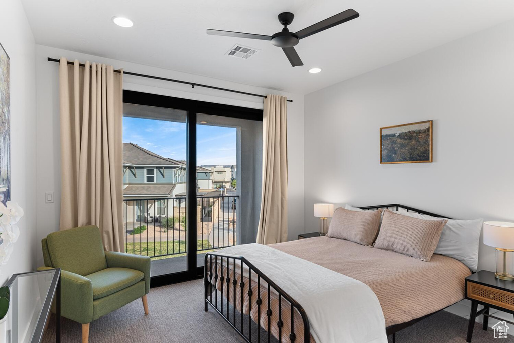 Bedroom featuring access to outside, carpet, recessed lighting, and a ceiling fan