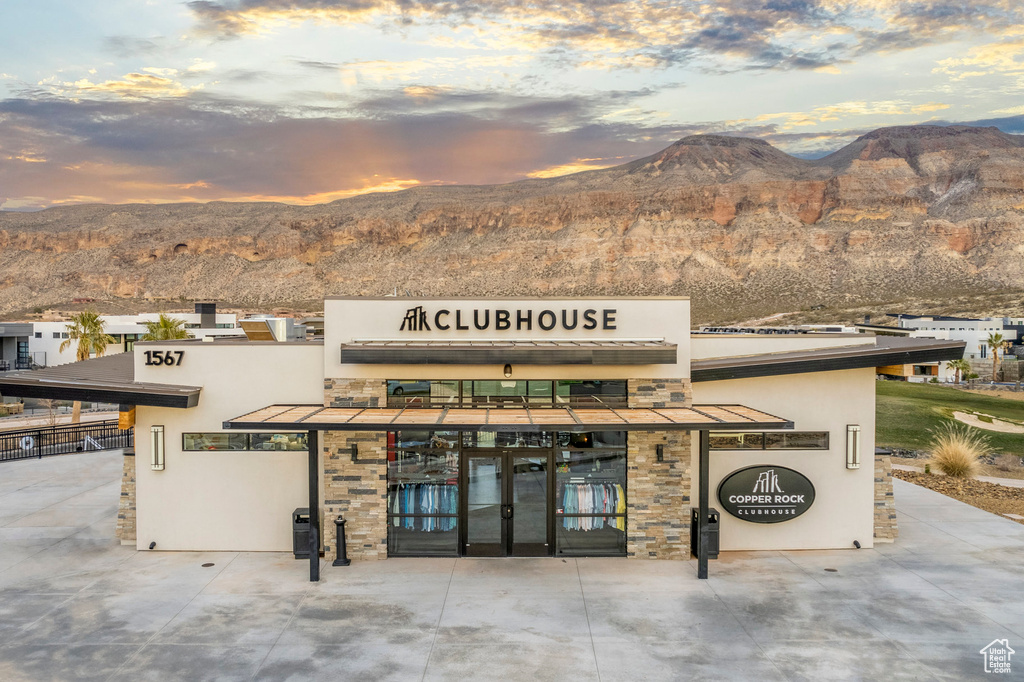 View of building exterior featuring a mountain view