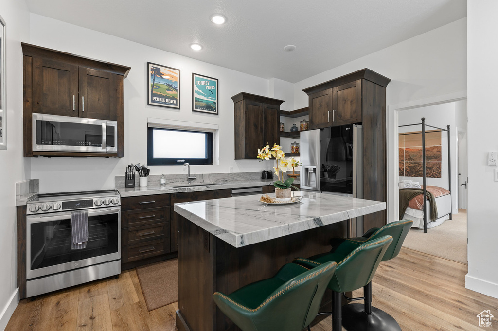 Kitchen with appliances with stainless steel finishes, dark brown cabinets, a sink, light wood finished floors, and recessed lighting