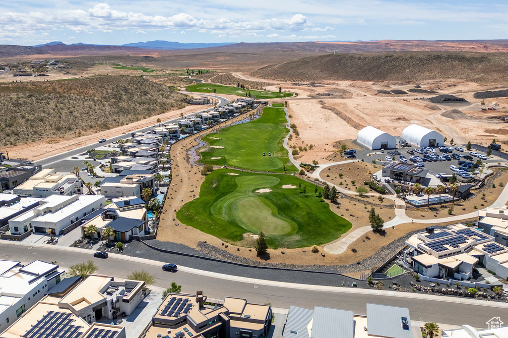 Aerial view of mountains and a local golf course