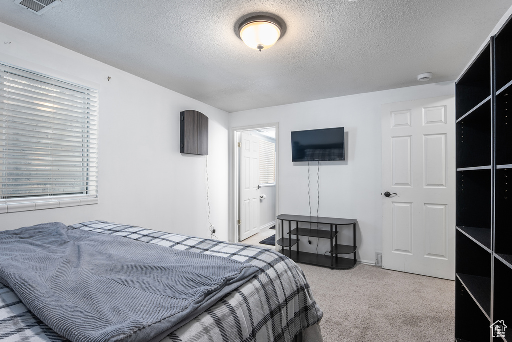 Carpeted bedroom with a textured ceiling