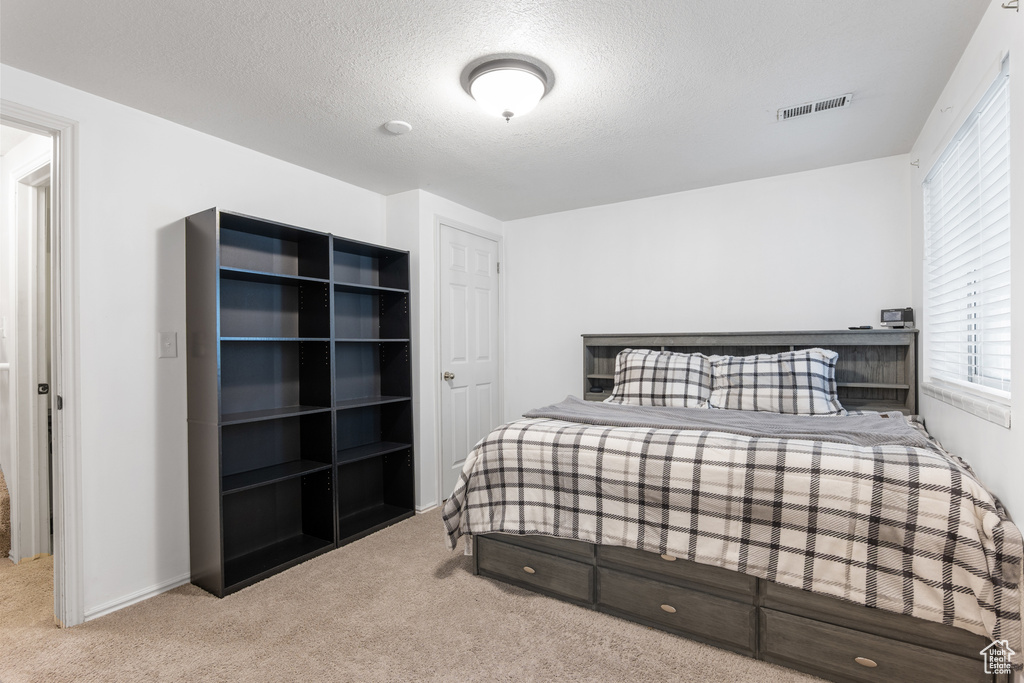 Bedroom with carpet floors and a textured ceiling