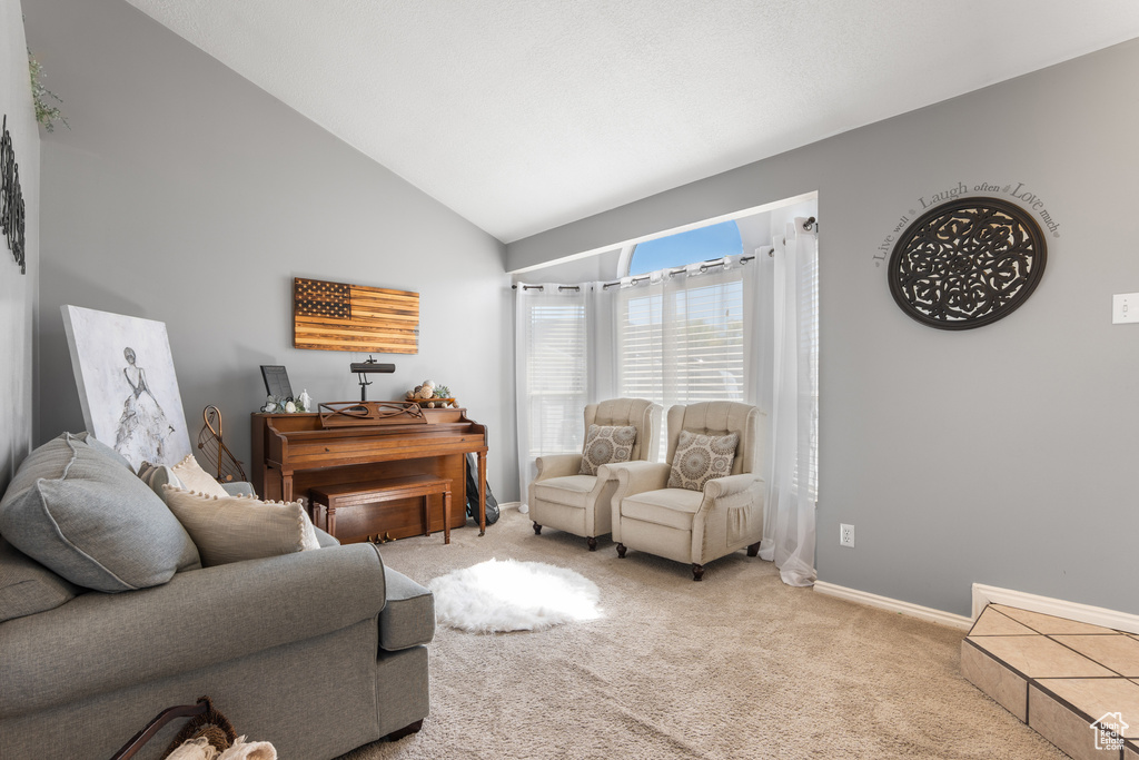 Living room with light colored carpet, baseboards, and high vaulted ceiling