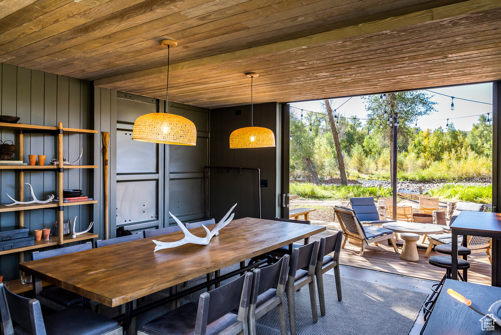 Dining area featuring wooden ceiling
