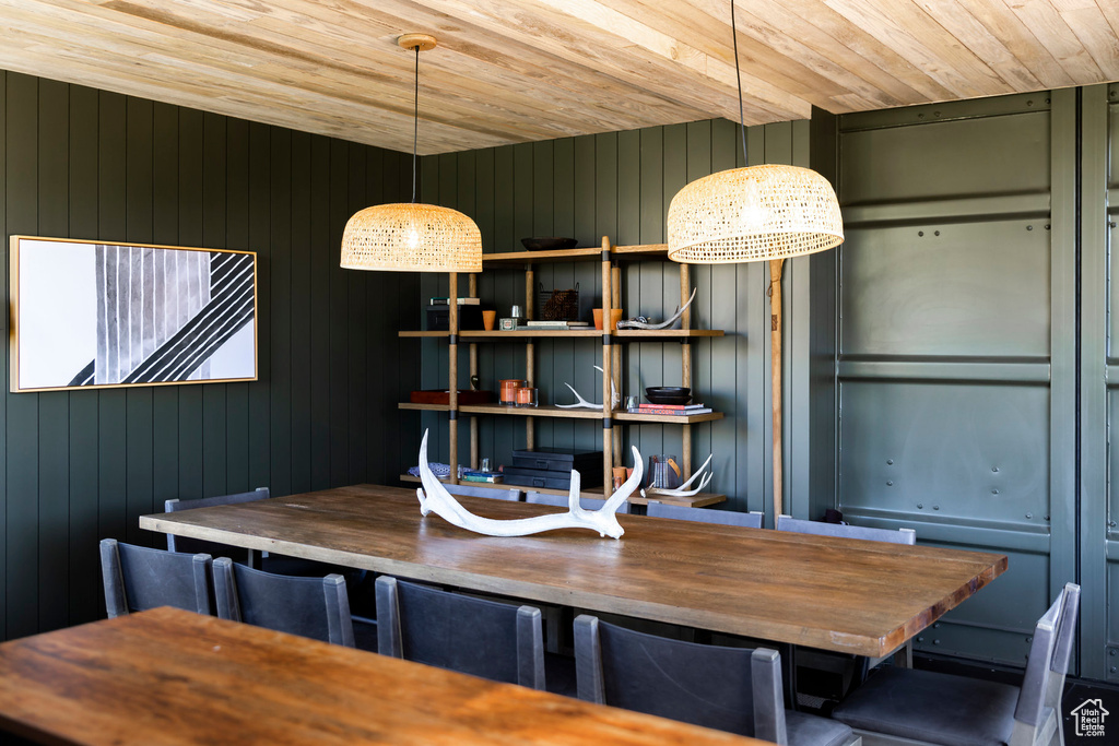 Dining space with wooden ceiling