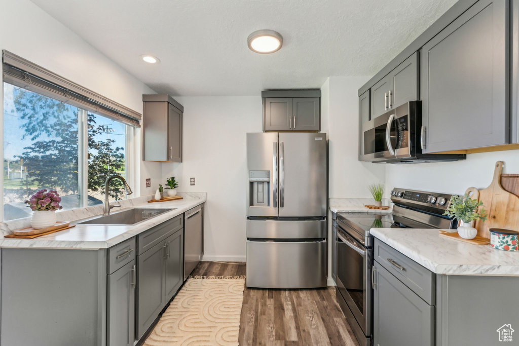 Kitchen featuring stainless steel appliances, a sink, gray cabinets, light wood-style floors, and recessed lighting