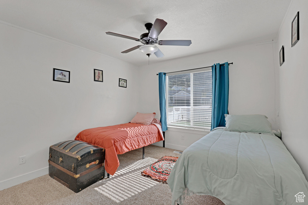 Carpeted bedroom with baseboards and ceiling fan