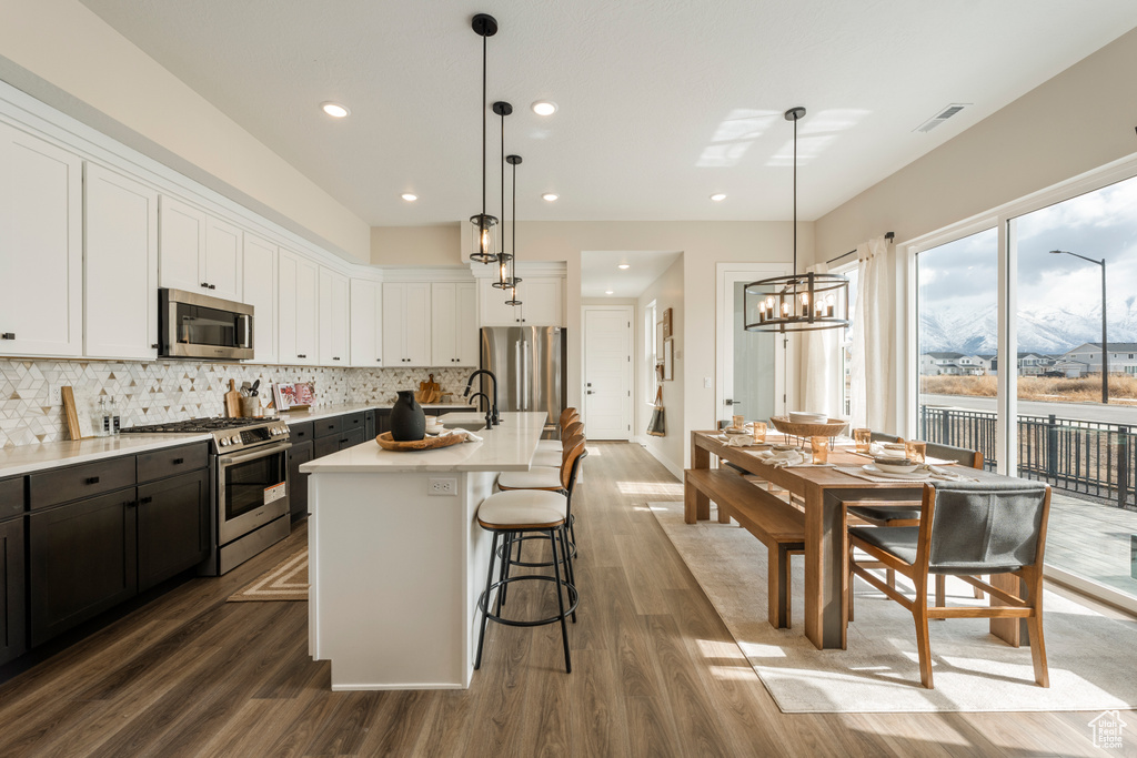 Kitchen featuring stainless steel appliances, white cabinetry, wood finished floors, decorative backsplash, and a kitchen island with sink