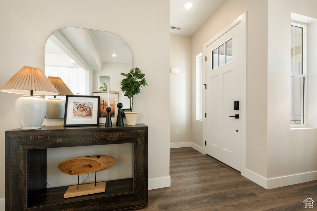 Entryway with baseboards, wood finished floors, plenty of natural light, and recessed lighting