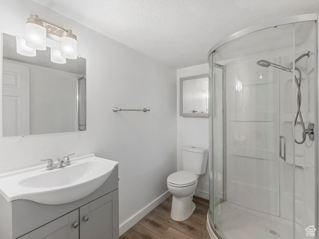 Bathroom with toilet, a textured ceiling, wood finished floors, a stall shower, and vanity