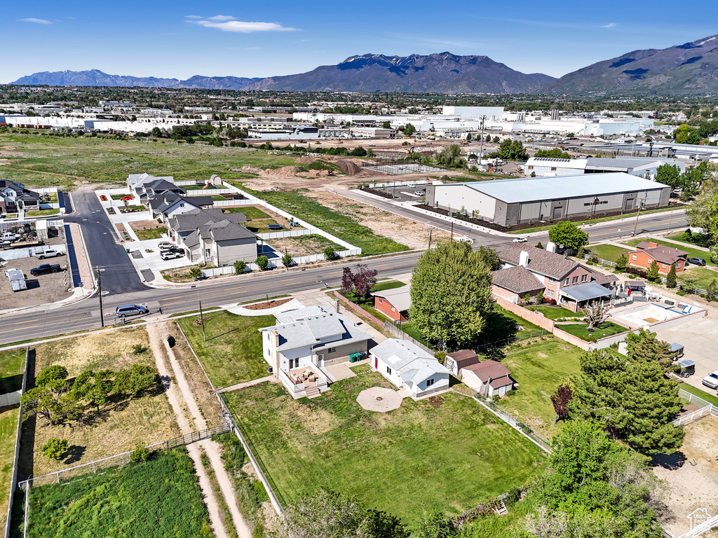 Aerial view of residential area with mountains