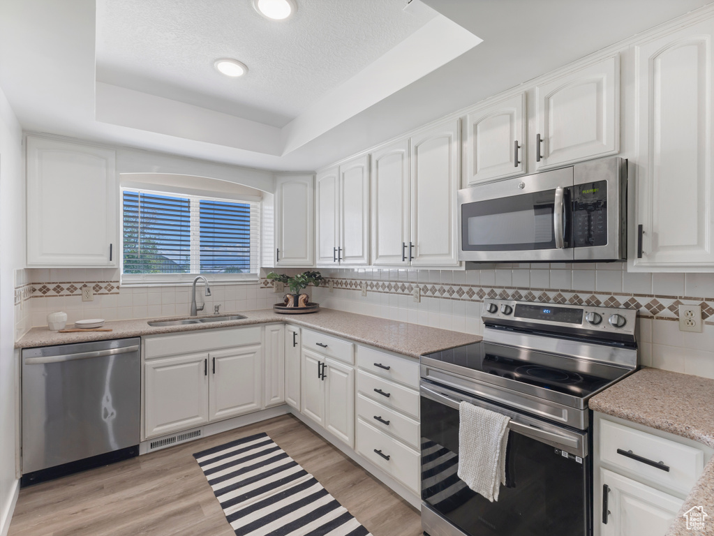 Kitchen with stainless steel appliances, a sink, a raised ceiling, white cabinets, and decorative backsplash