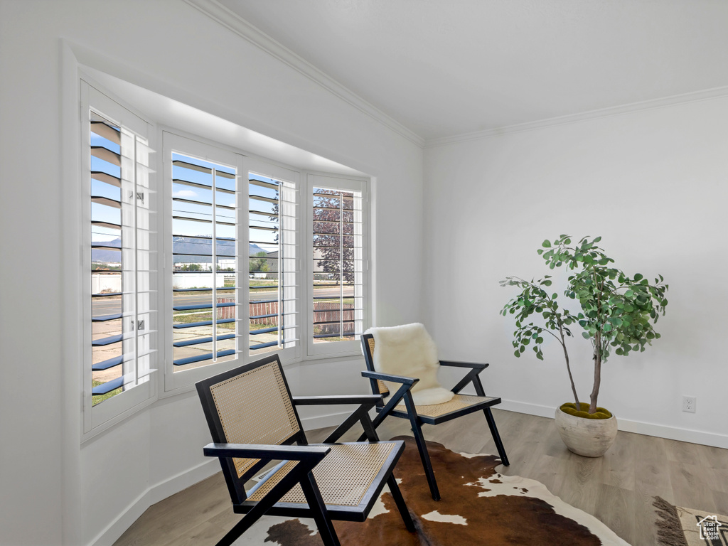 Sitting room featuring crown molding, wood finished floors, and baseboards