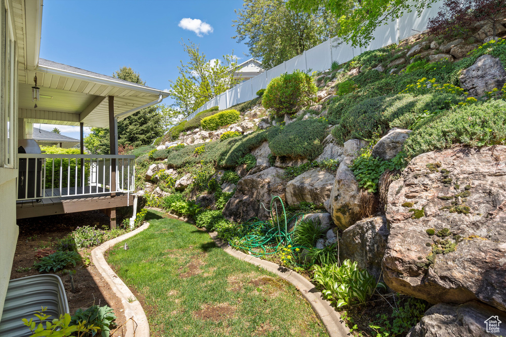 View of yard featuring fence and covered porch